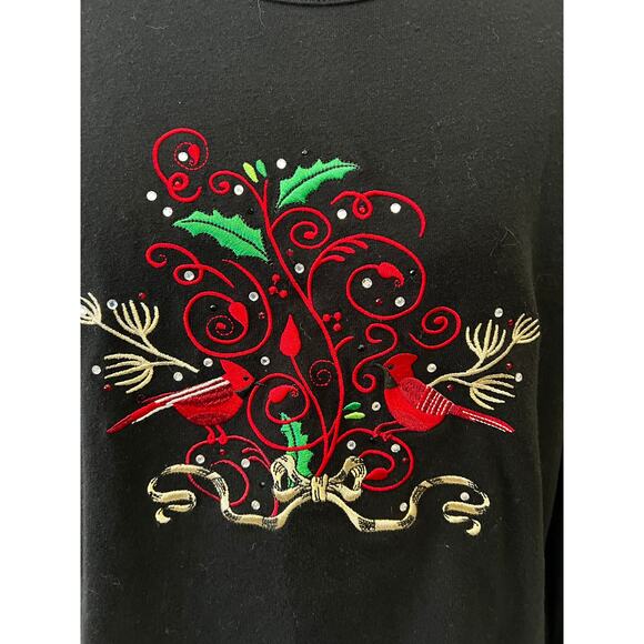 Erika black pullover long sleeve top embroider Christmas winter cardinal birds - Picture 2 of 7